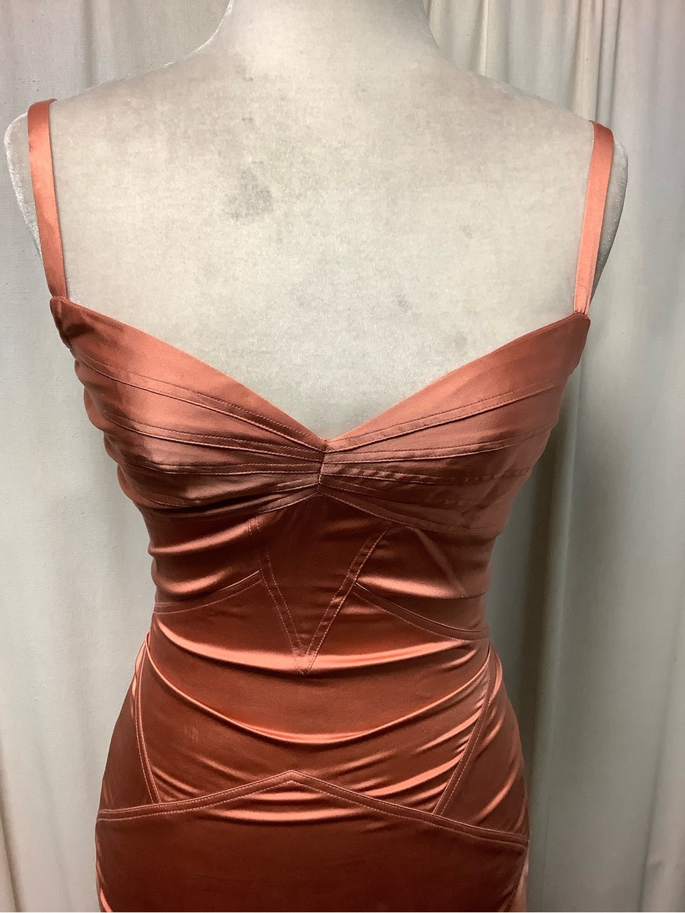 Satin Spaghetti-Strap Lined Back Zip Slip Dress in Copper